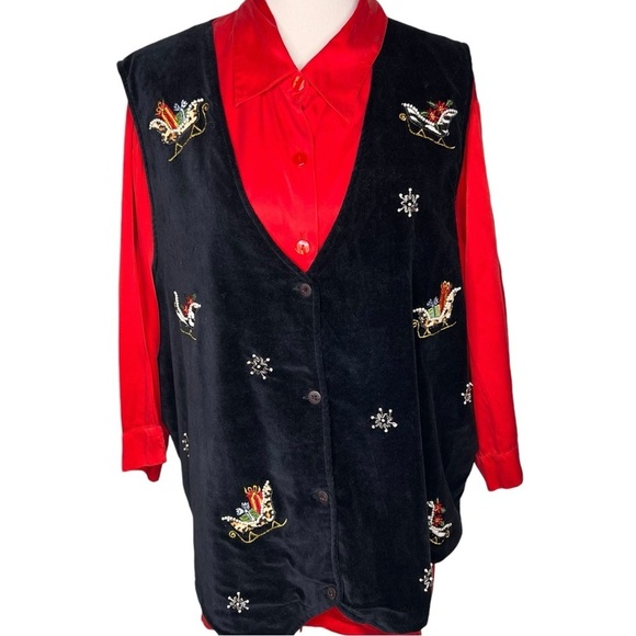 Victoria Jones Woman Black Velvet Beaded Embroidered Button Vest Size 3X Cotton - Picture 1 of 14